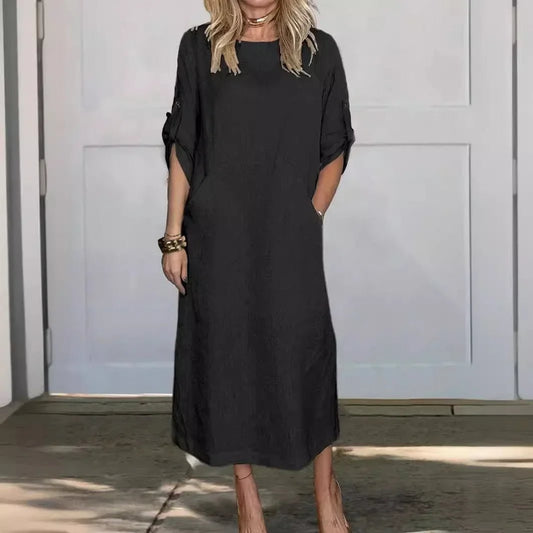 Aria | Sukienka midi w stylu boho, o kroju litery A, luźny krój, podwijane rękawy 1