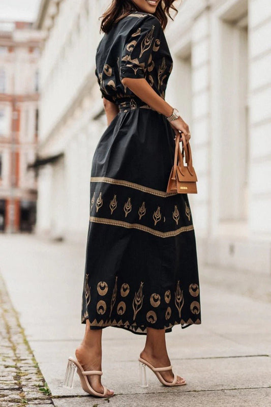 Florence | Sukienka midi w stylu boho z paskiem, w kształcie litery A, z rękawami 3/4, geometryczny wzór 1