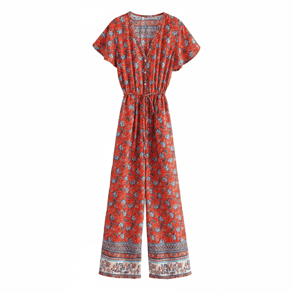 Kombinezon Crimson Bloom Boho z szerokimi nogawkami i kieszeniami 2