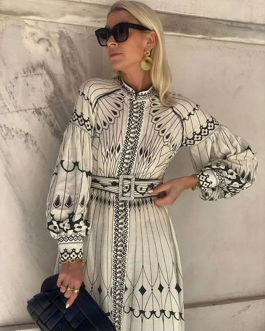 Mia | Sukienka midi w kształcie litery A z długim rękawem i nadrukiem w stylu boho 1
