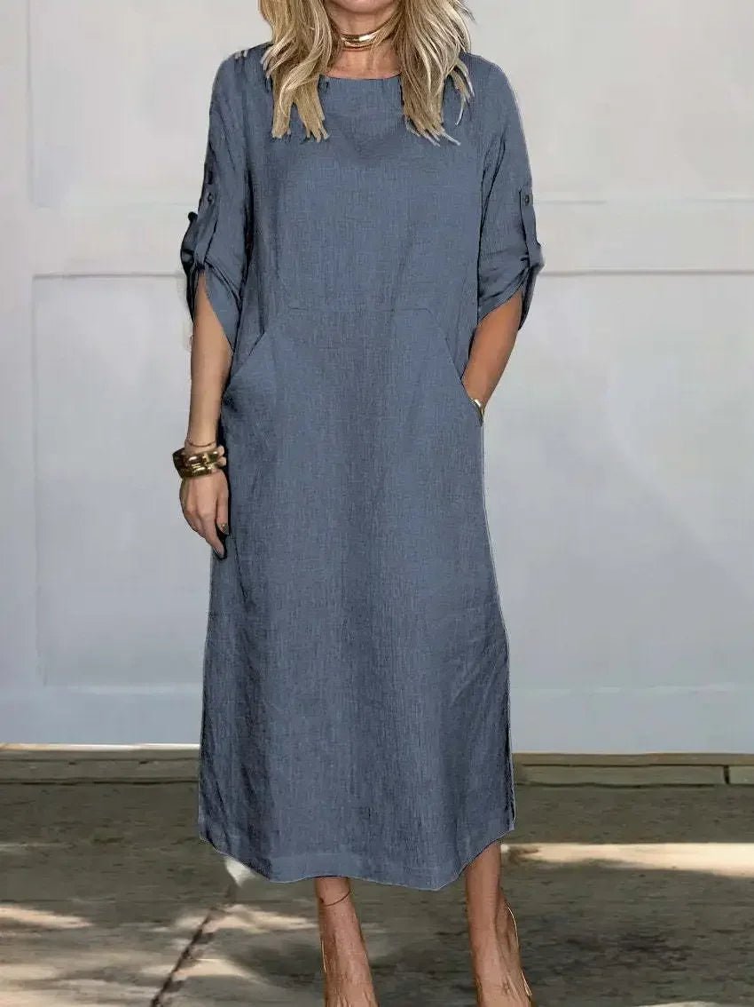 Aria | Sukienka midi w stylu boho, o kroju litery A, luźny krój, podwijane rękawy 2