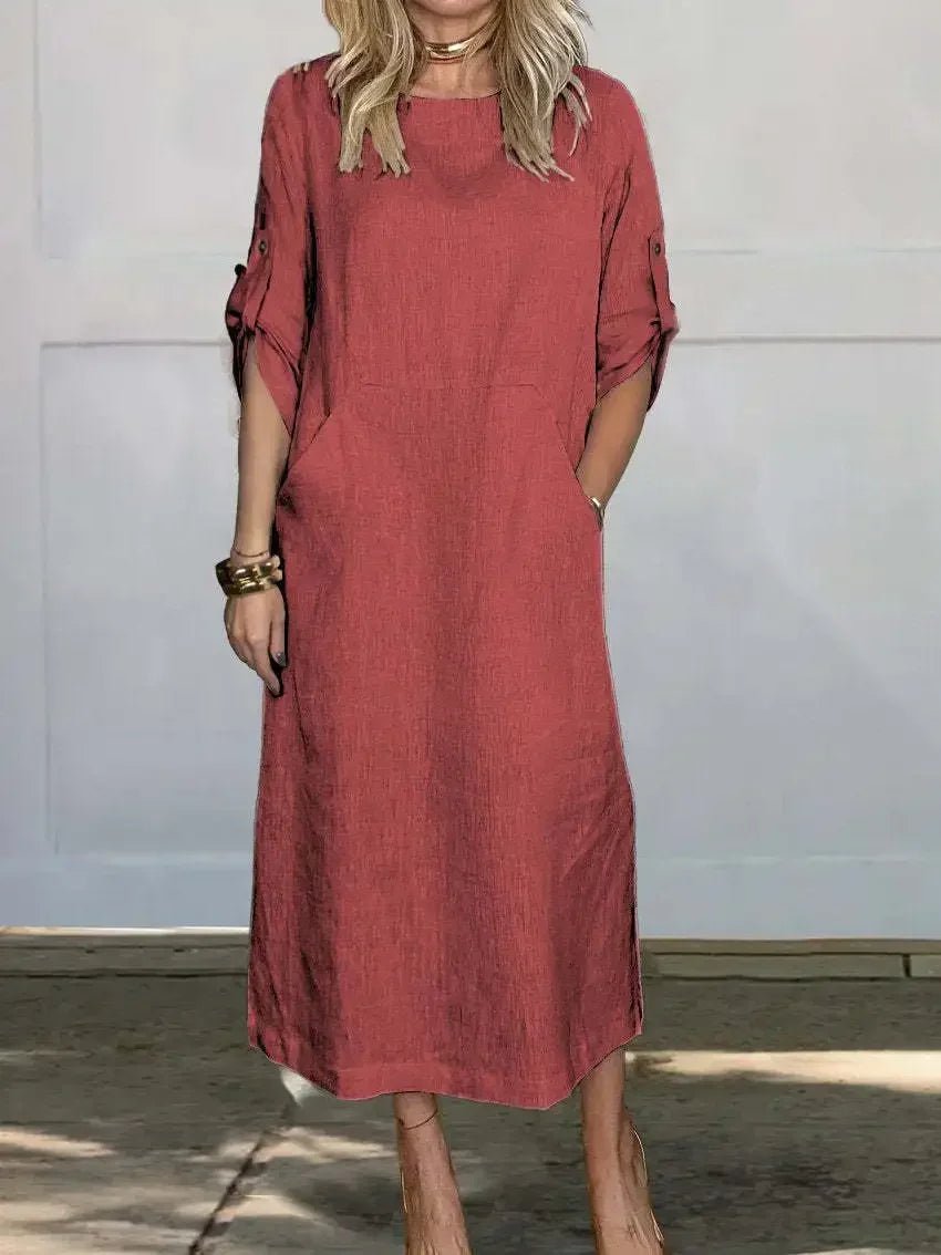 Aria | Sukienka midi w stylu boho, o kroju litery A, luźny krój, podwijane rękawy 3