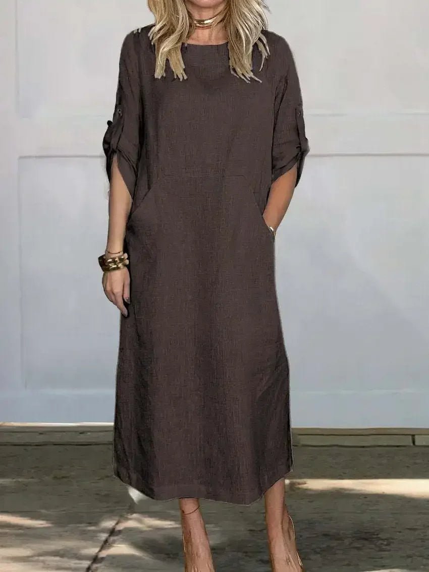 Aria | Sukienka midi w stylu boho, o kroju litery A, luźny krój, podwijane rękawy 4