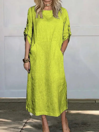 Aria | Sukienka midi w stylu boho, o kroju litery A, luźny krój, podwijane rękawy 5