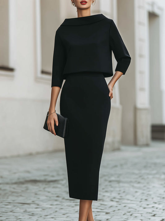 Boat Neck Top And Midi Skirt Set 0