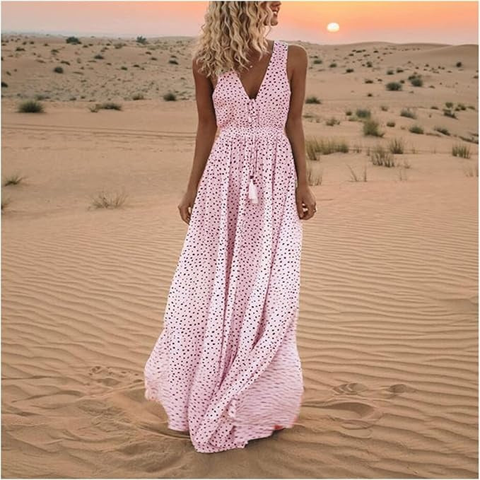 Catherine | Damska sukienka maxi w stylu boho bez rękawów z dekoltem w serek 1