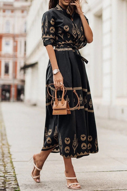 Florence | Sukienka midi w stylu boho z paskiem, w kształcie litery A, z rękawami 3/4, geometryczny wzór 0