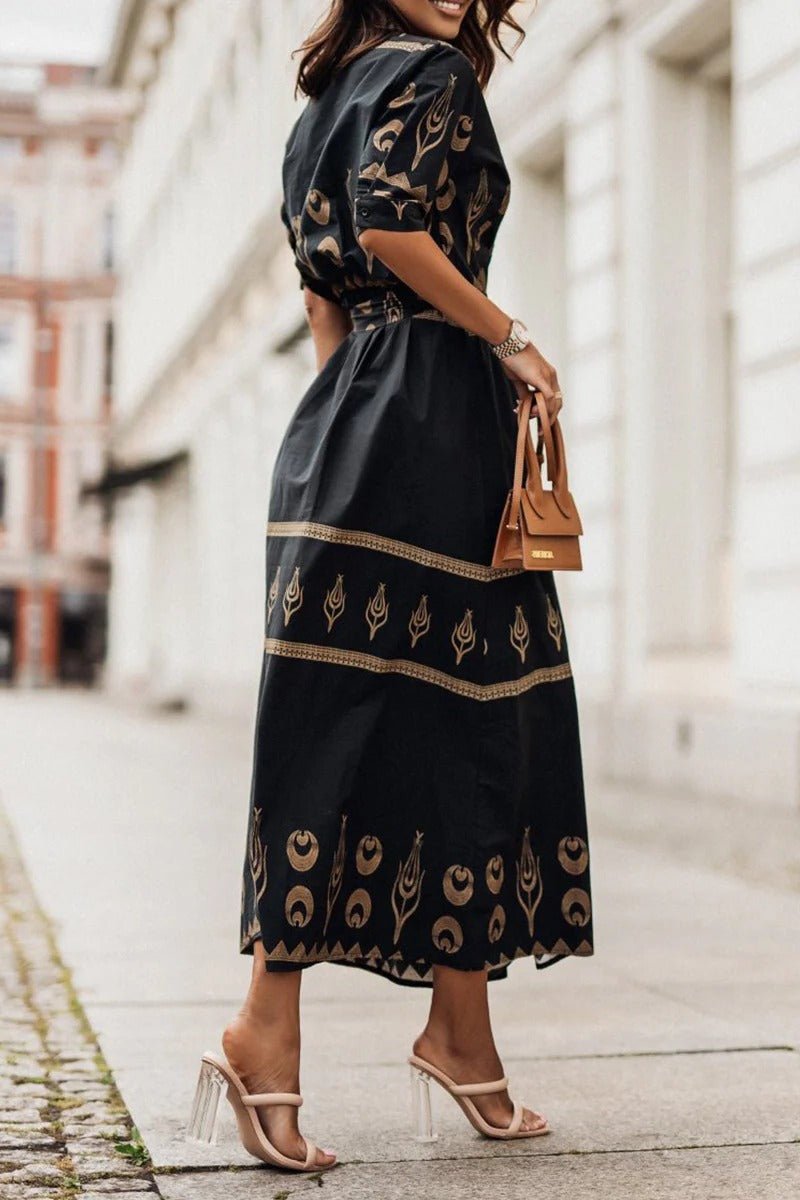 Florence | Sukienka midi w stylu boho z paskiem, w kształcie litery A, z rękawami 3/4, geometryczny wzór 1