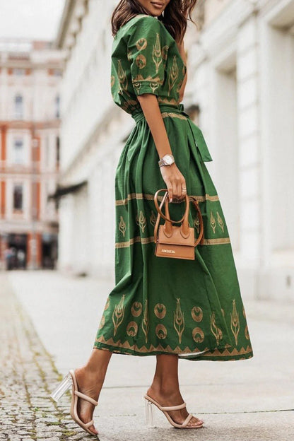 Florence | Sukienka midi w stylu boho z paskiem, w kształcie litery A, z rękawami 3/4, geometryczny wzór 2