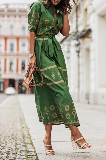 Florence | Sukienka midi w stylu boho z paskiem, w kształcie litery A, z rękawami 3/4, geometryczny wzór 3