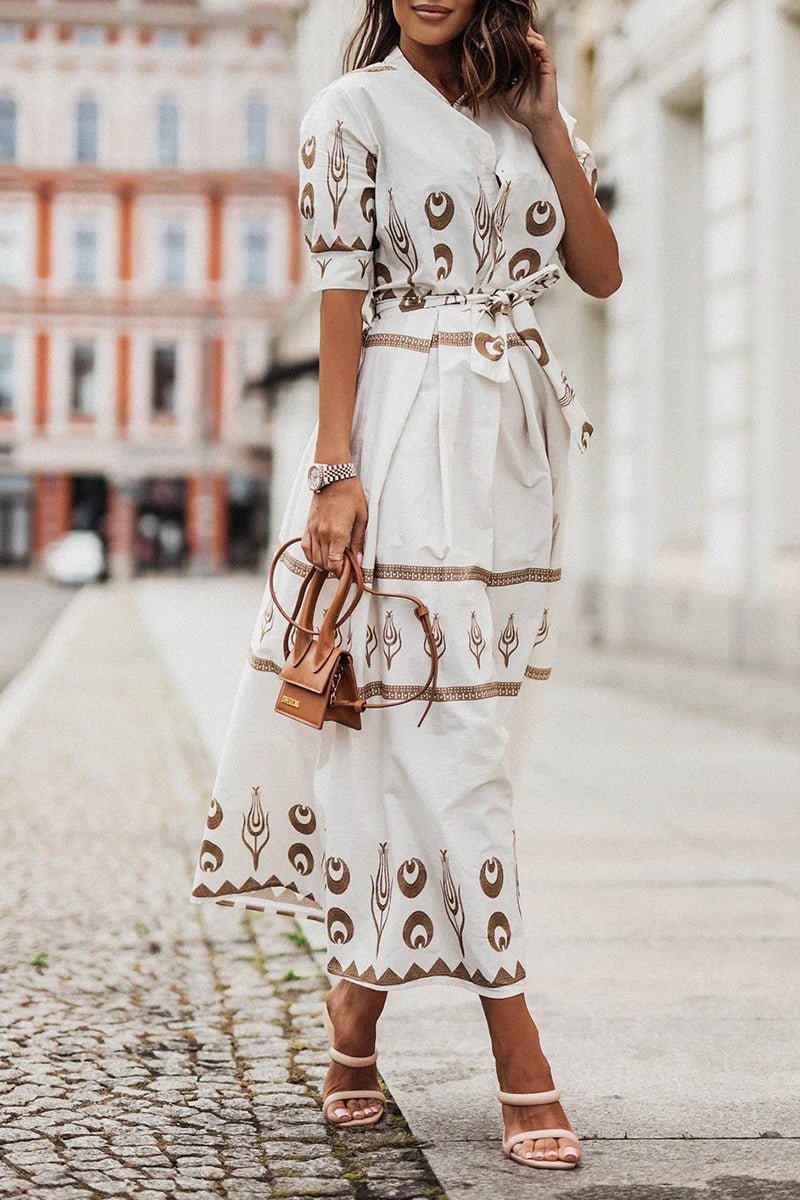 Florence | Sukienka midi w stylu boho z paskiem, w kształcie litery A, z rękawami 3/4, geometryczny wzór 4