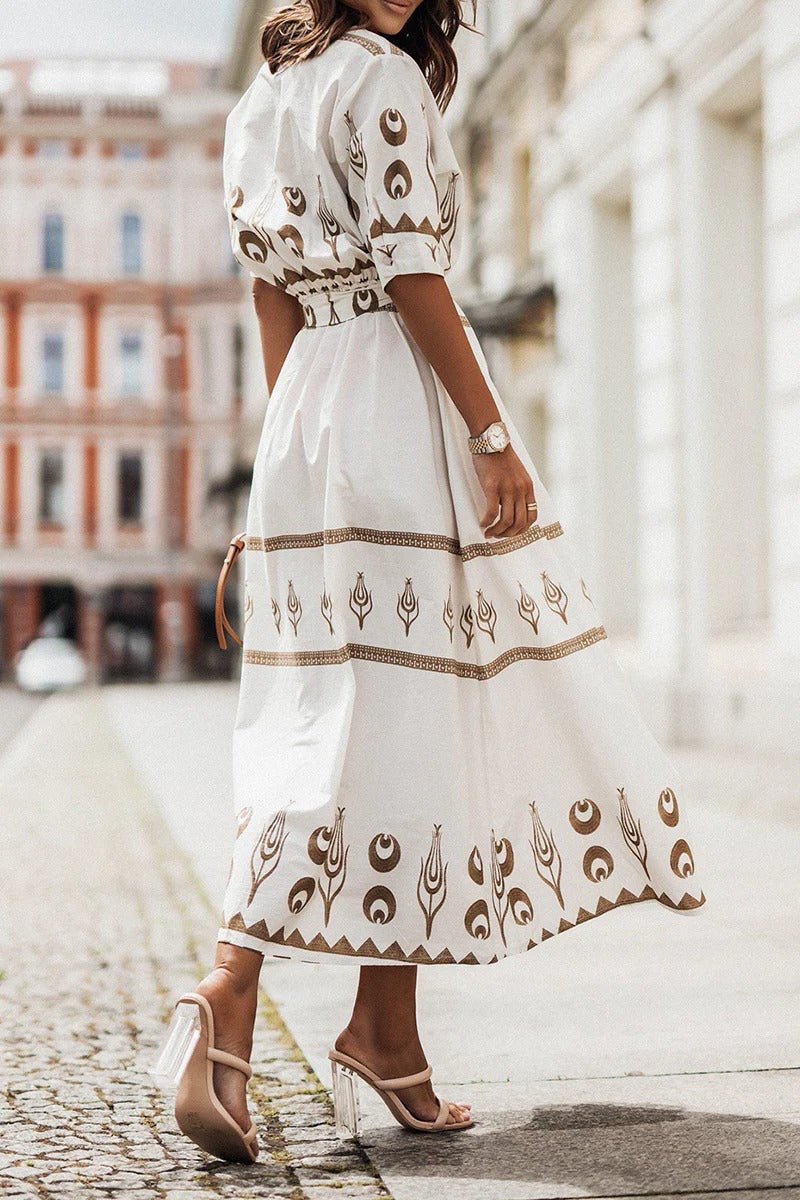 Florence | Sukienka midi w stylu boho z paskiem, w kształcie litery A, z rękawami 3/4, geometryczny wzór 5