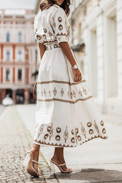 Florence | Sukienka midi w stylu boho z paskiem, w kształcie litery A, z rękawami 3/4, geometryczny wzór 5