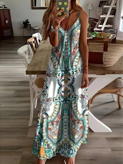 Isla | Sukienka maxi w stylu boho paisley z dekoltem w serek i ramiączkami spaghetti, letnia 5