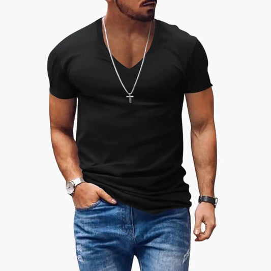 Klasyczny męski T-shirt z krótkim rękawem i dekoltem w serek 0