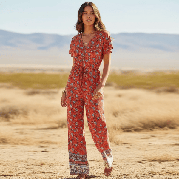 Kombinezon Crimson Bloom Boho z szerokimi nogawkami i kieszeniami 0