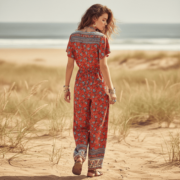 Kombinezon Crimson Bloom Boho z szerokimi nogawkami i kieszeniami 1