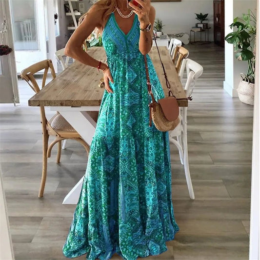 Lily | Sukienka maxi w stylu boho z dekoltem w serek i ramiączkami typu spaghetti, zwiewna, letnia 0