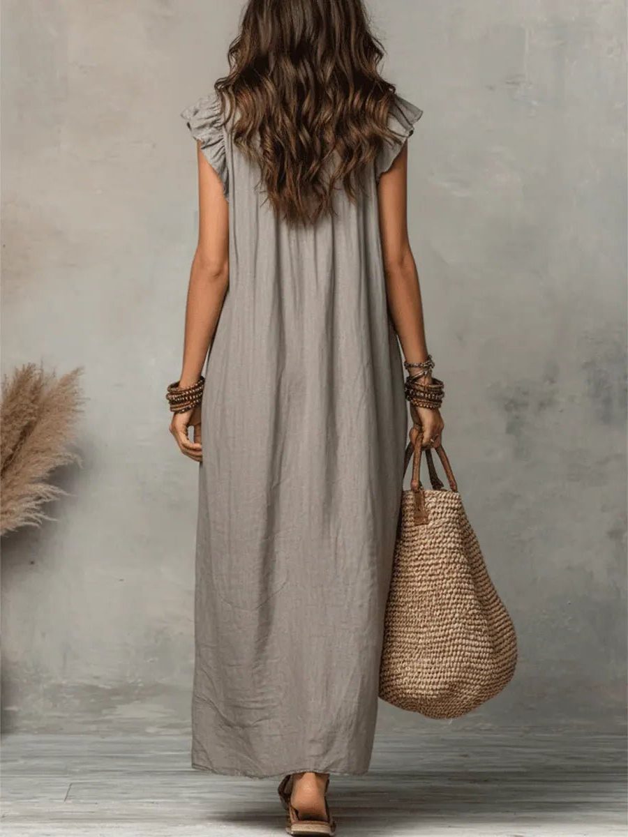 Lniana sukienka maxi z dekoltem w serek i bufiastymi rękawami dla kobiet 8
