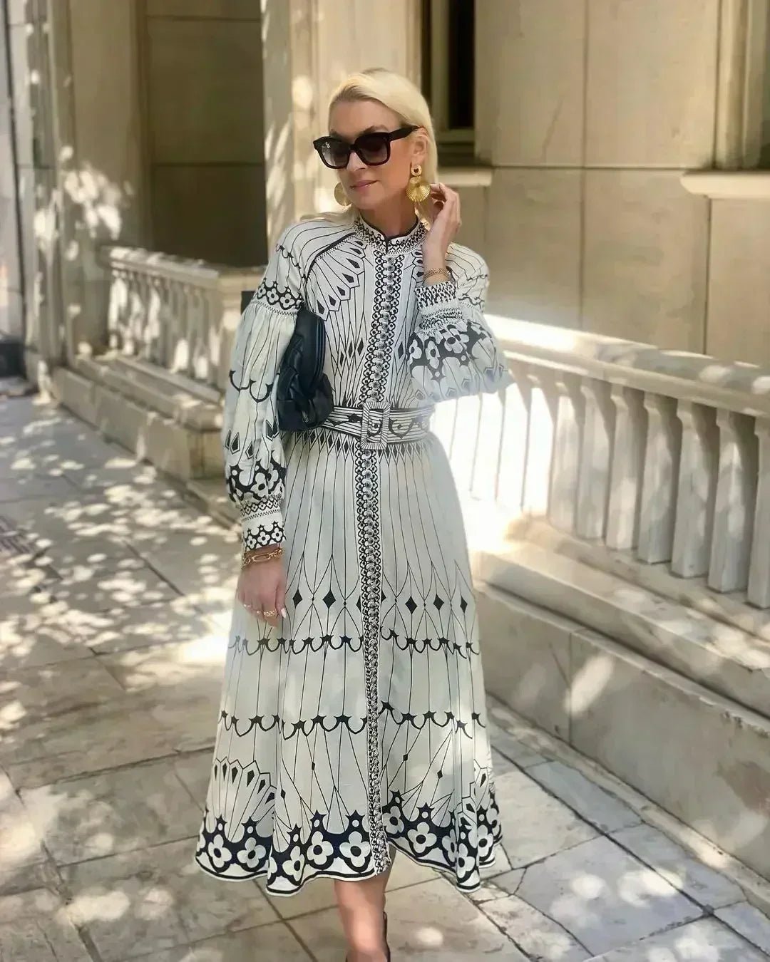 Mia | Sukienka midi w kształcie litery A z długim rękawem i nadrukiem w stylu boho 0