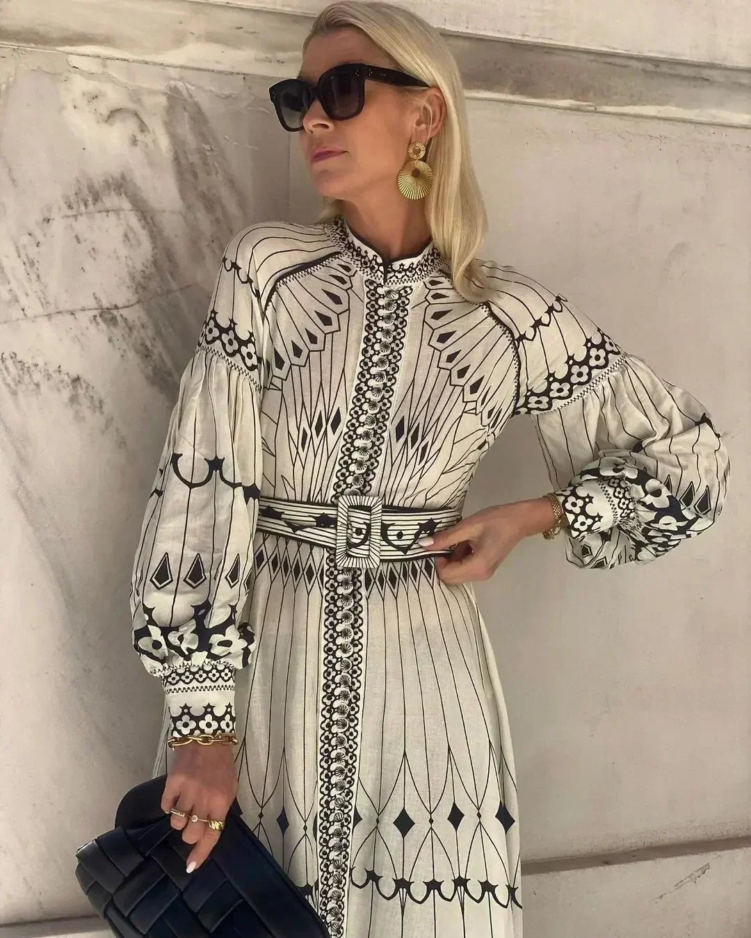Mia | Sukienka midi w kształcie litery A z długim rękawem i nadrukiem w stylu boho 1