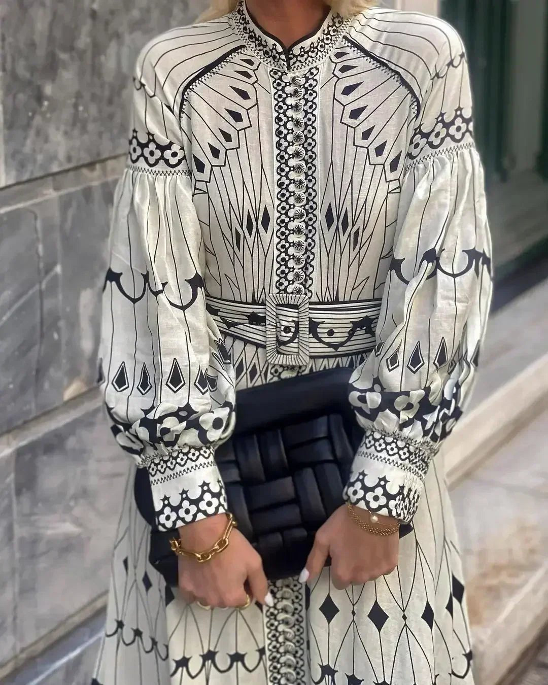 Mia | Sukienka midi w kształcie litery A z długim rękawem i nadrukiem w stylu boho 2