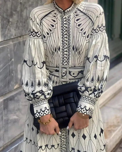 Mia | Sukienka midi w kształcie litery A z długim rękawem i nadrukiem w stylu boho 2