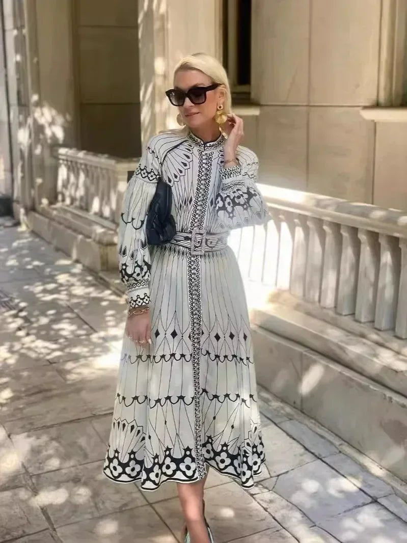 Mia | Sukienka midi w kształcie litery A z długim rękawem i nadrukiem w stylu boho 3