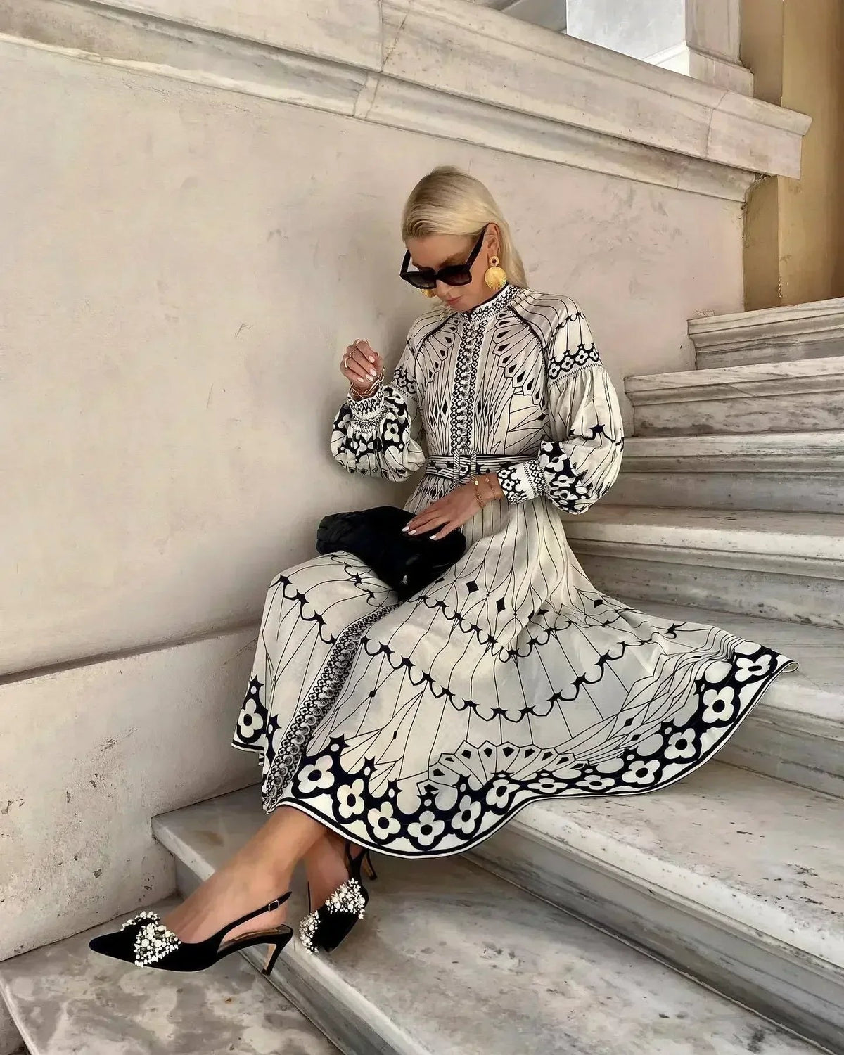 Mia | Sukienka midi w kształcie litery A z długim rękawem i nadrukiem w stylu boho 4