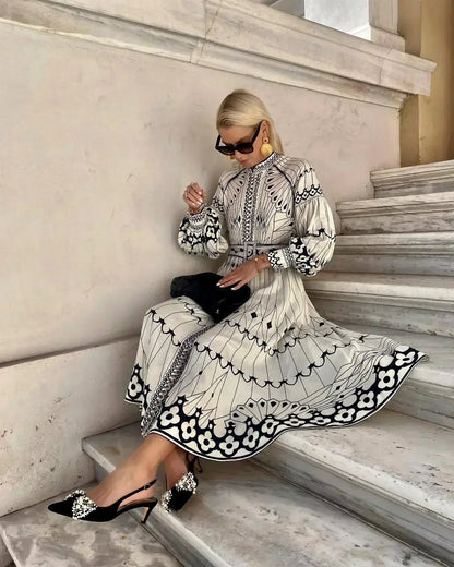 Mia | Sukienka midi w kształcie litery A z długim rękawem i nadrukiem w stylu boho 4