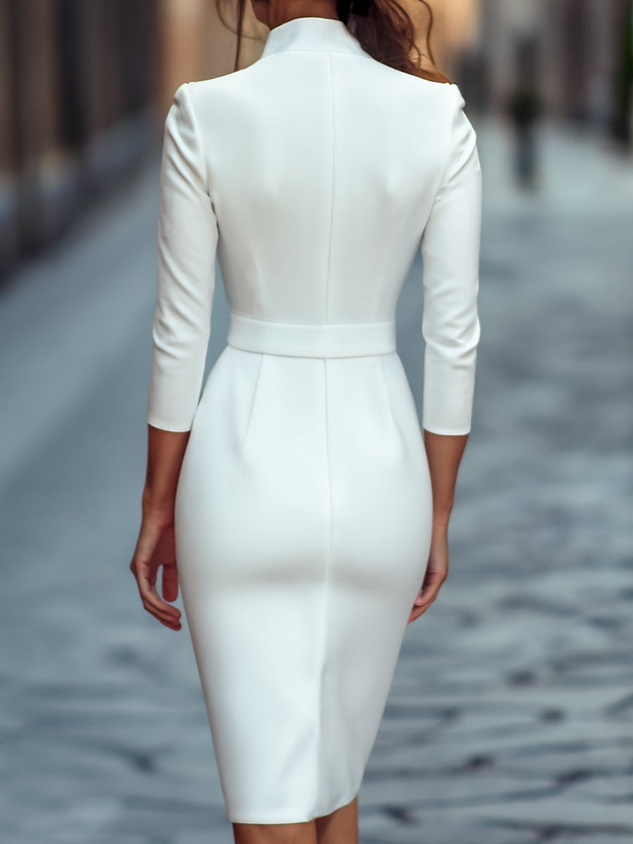 Refined Black Belted Sheath Dress with Mandarin Collar 8