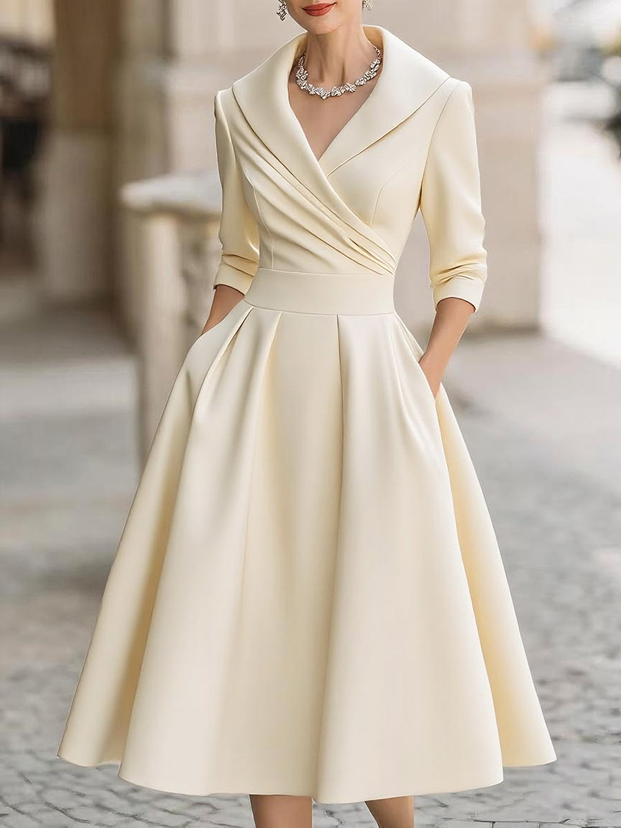 Vintage-Inspired Satin Midi Dress With Draped Collar 10