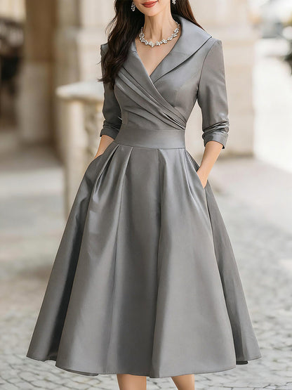 Vintage-Inspired Satin Midi Dress With Draped Collar 11