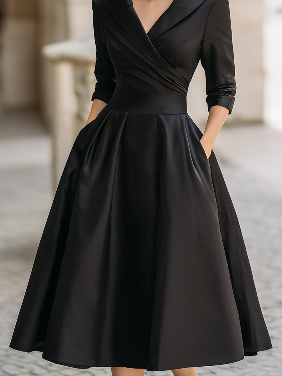 Vintage-Inspired Satin Midi Dress With Draped Collar 2