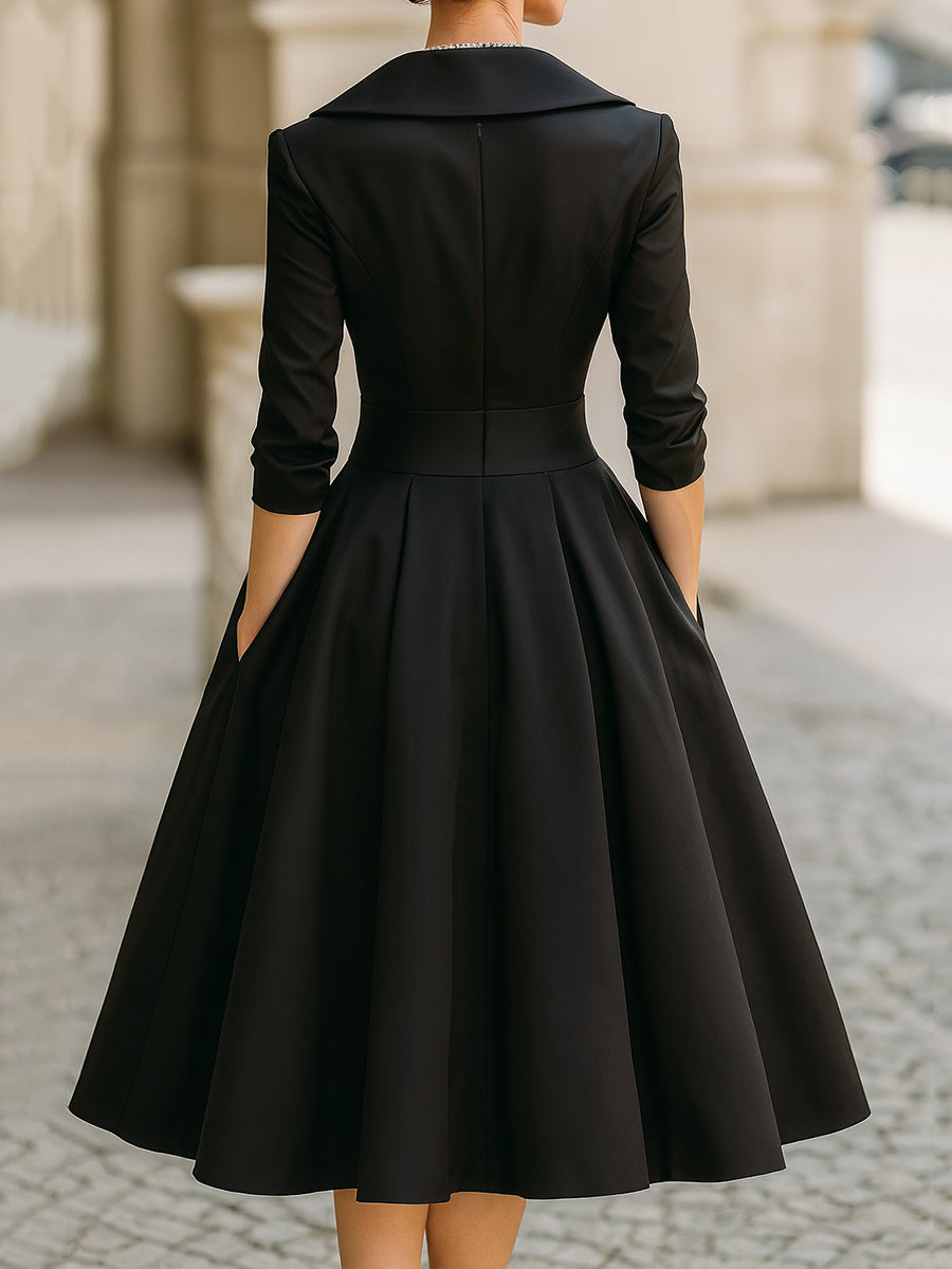 Vintage-Inspired Satin Midi Dress With Draped Collar 3