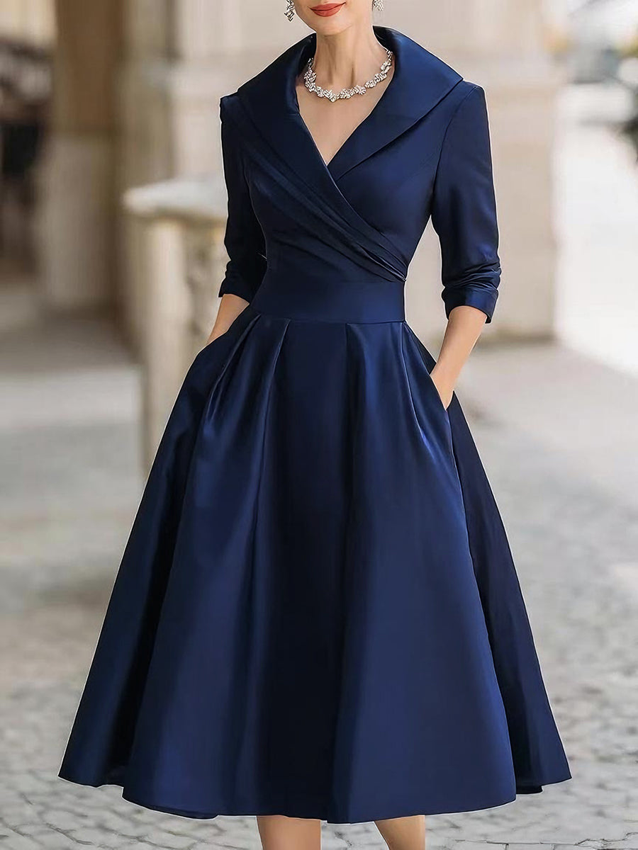 Vintage-Inspired Satin Midi Dress With Draped Collar 4