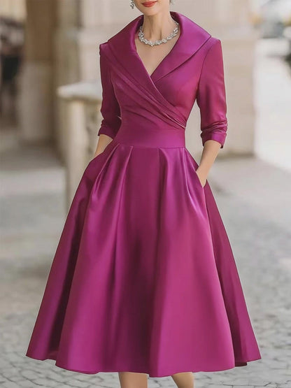Vintage-Inspired Satin Midi Dress With Draped Collar 9